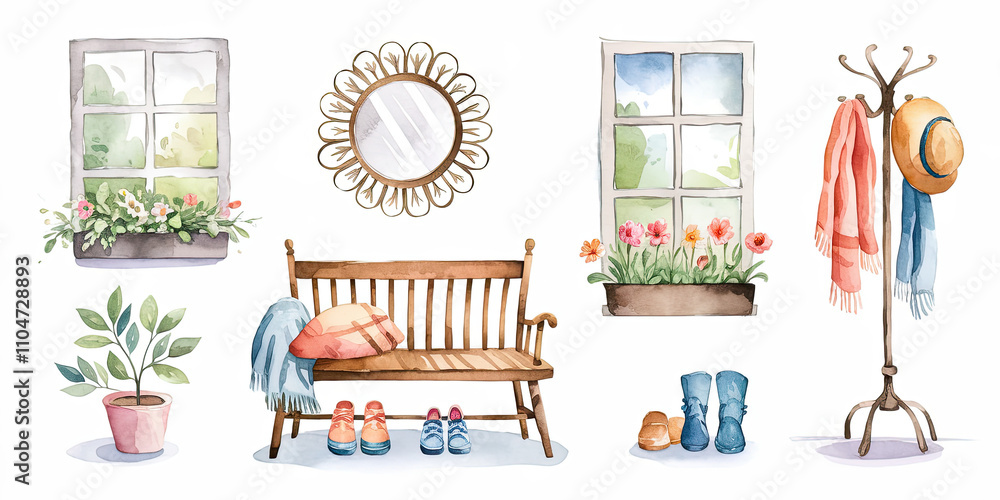 Obraz premium Cozy Spring Entryway Watercolor Illustration with Floral Accents