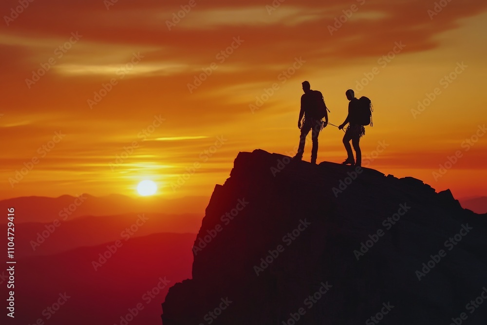 Silhouetted hikers stand atop a rock under a dramatic sunset sky, reflecting themes of adventure, camaraderie, and the awe of natural wonders and life itself. Silhouetted hikers stand atop a rock under a dramatic sunset sky, reflecting themes of adventure, camaraderie, and the awe of natural wonders and life itself.