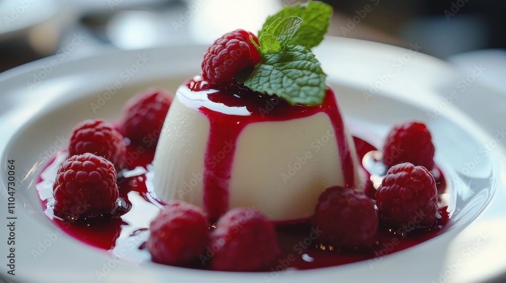 Close-Up of Classic Panna Cotta with Raspberries Close-Up of Classic Panna Cotta with Raspberries