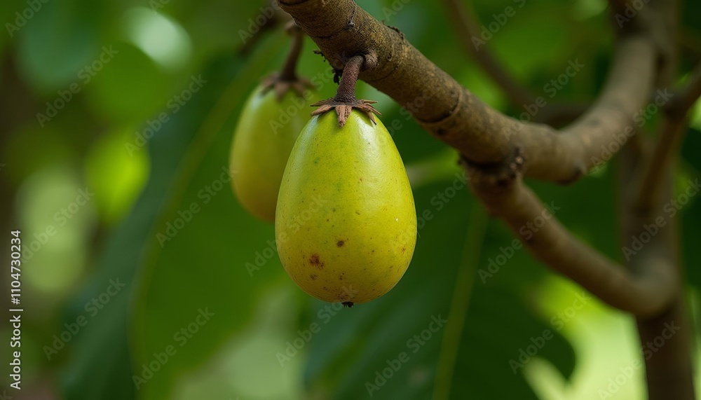 Ripe mango hanging from tree branch ready for harvest Ripe mango hanging from tree branch ready for harvest
