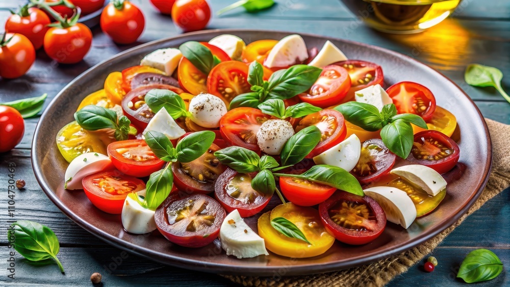 A colorful and fresh Italian salad made of tomatoes, mozzarella cheese, basil, olive oil, and balsamic vinegar, Caprese A colorful and fresh Italian salad made of tomatoes, mozzarella cheese, basil, olive oil, and balsamic vinegar, Caprese