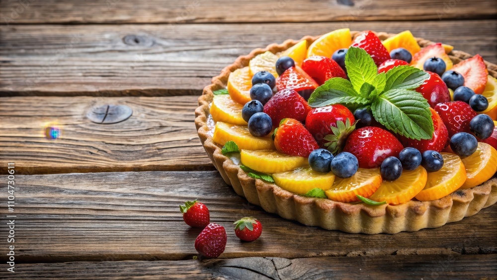 Delicious and colorful fruit tart on a rustic wooden table, dessert, pastry, sweet, bakery, delicious, fresh Delicious and colorful fruit tart on a rustic wooden table, dessert, pastry, sweet, bakery, delicious, fresh