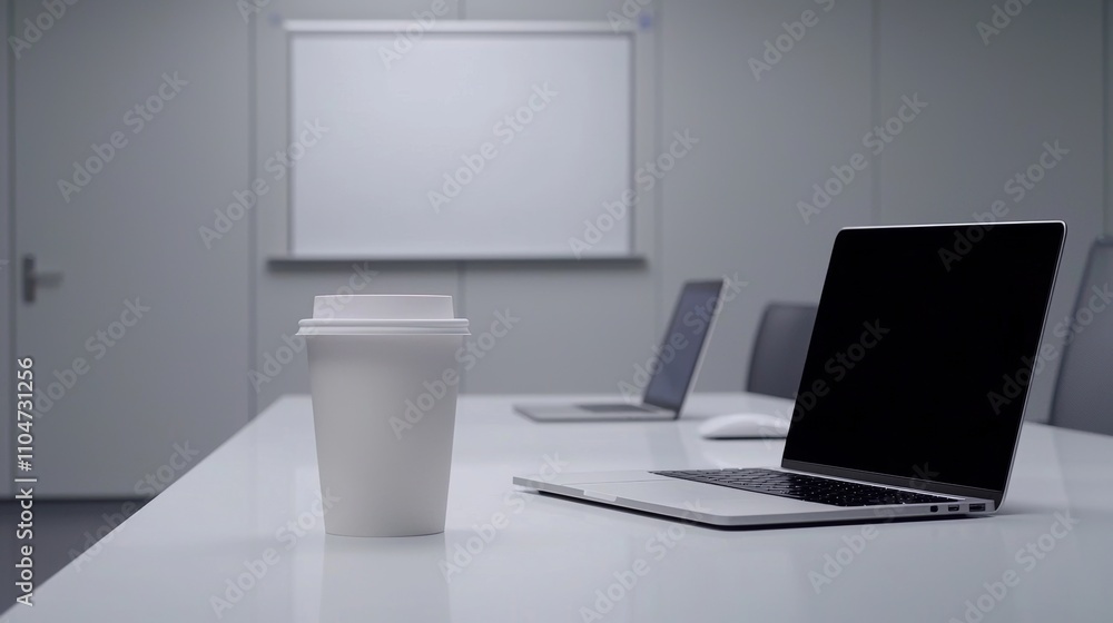 Modern Workplace Setup with Laptop and Coffee Cup in Minimalist Office Environment Ideal for Productivity and Focus Modern Workplace Setup with Laptop and Coffee Cup in Minimalist Office Environment Ideal for Productivity and Focus