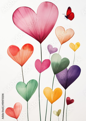 vibrant and playful illustration featuring heart shaped flowers in various colors, complemented by butterfly. This artwork evokes joy and love