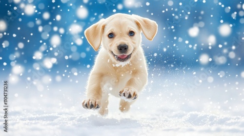 Playful Puppy Running in Snowy Landscape with Soft Blue Background