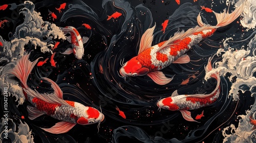 Vibrant Koi Fish Artwork with Dynamic Waves and Rich Colors