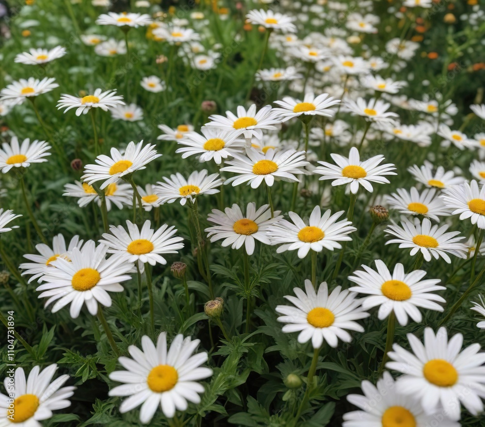 Tranquil garden scene with clusters of bright daisies, serene, white Tranquil garden scene with clusters of bright daisies, serene, white