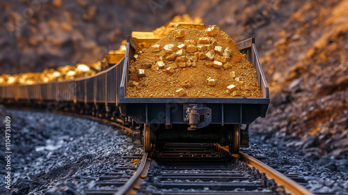 Gold Ore Transport: A freight train carries a substantial load of golden ore along railway tracks, set against a dramatic landscape.  The image evokes themes of industry, wealth.
