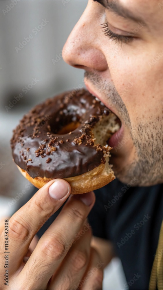 A detailed shot of a chocolate-glazed donut held close to the man’s mouth A detailed shot of a chocolate-glazed donut held close to the man’s mouth