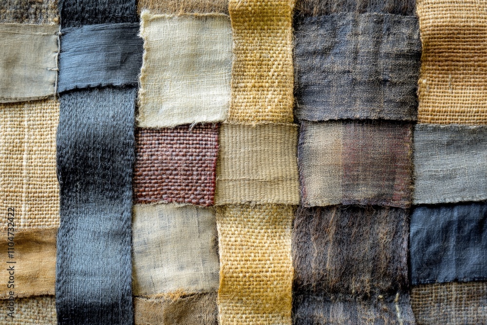Warm, earthy tones create a cozy patchwork of fabric textures woven together. Each piece adds its unique texture, blending vintage and rustic aesthetics beautifully. Warm, earthy tones create a cozy patchwork of fabric textures woven together. Each piece adds its unique texture, blending vintage and rustic aesthetics beautifully.