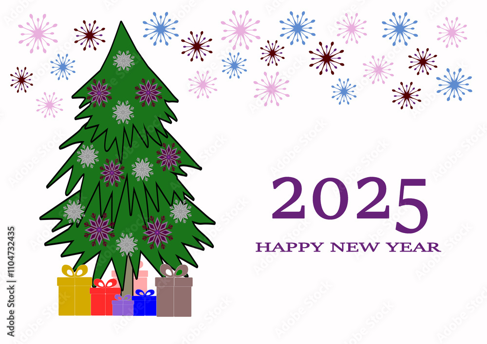 Fototapeta premium New Year card with Christmas tree, gifts, snowflakes. White isolated background.
