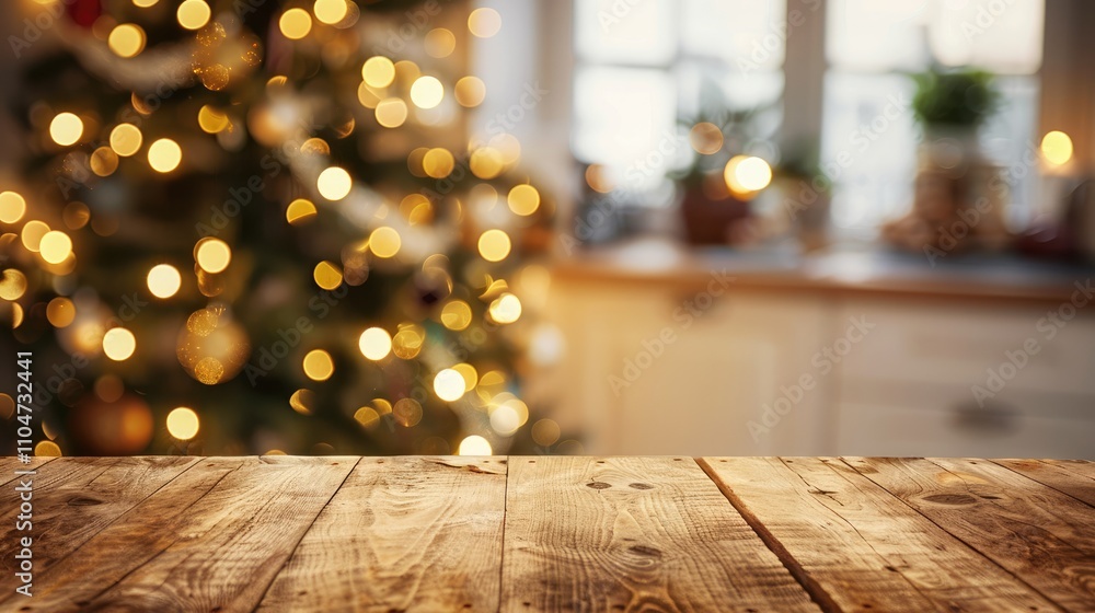Background with empty wooden table, Christmas tree, kitchen, and golden bokeh. Festive design for holidays. Background with empty wooden table, Christmas tree, kitchen, and golden bokeh. Festive design for holidays.