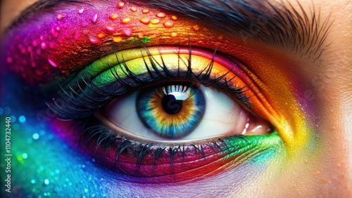 Close up of a stunning eye with long eyelashes and vibrant colors, beauty, close up, eyelashes, vibrant, colorful, iris, pupil