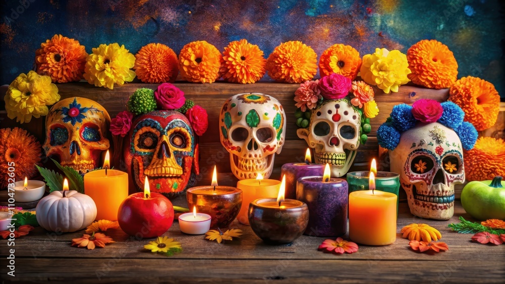 Fototapeta premium Colorful festive celebration of Mexico's Day of the Dead with vibrant decorations