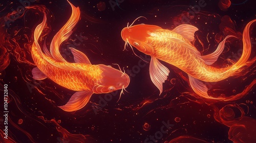 Vibrant Orange Koi Fish Swimming in Deep Red Background