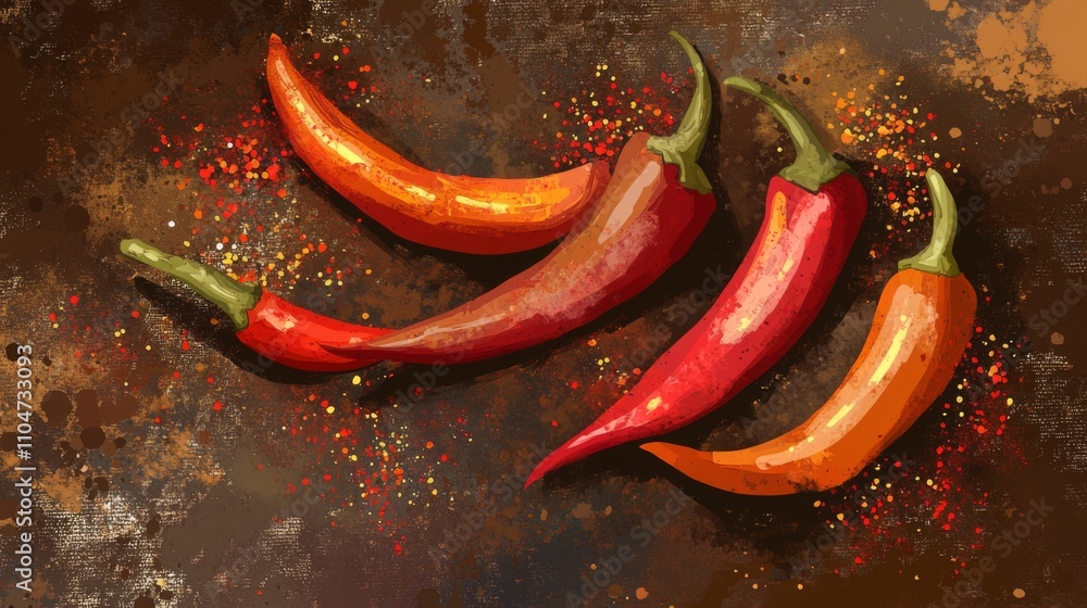 Vibrant Chili Peppers on Rustic Background with Spice Sprinkles Vibrant Chili Peppers on Rustic Background with Spice Sprinkles