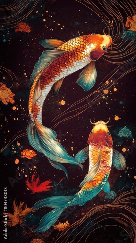 Colorful Koi Fish Swimming Underwater with Artistic Background Design