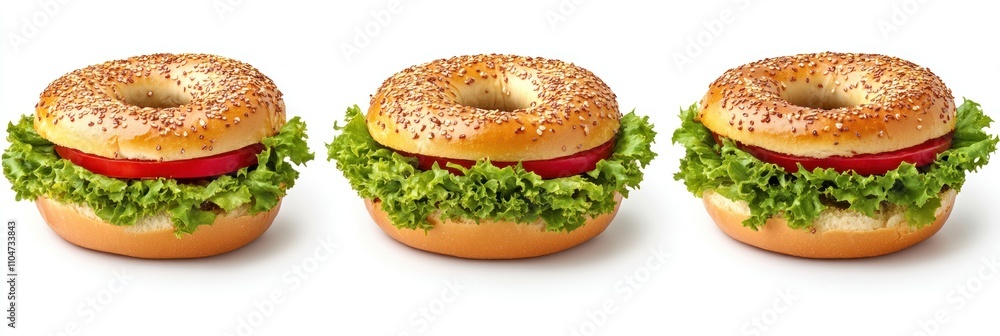 Three delicious bagel sandwiches with tomato and lettuce on a white background. Three delicious bagel sandwiches with tomato and lettuce on a white background.