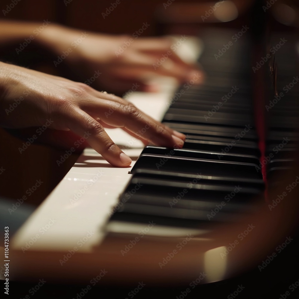 Obraz premium A close-up shot focusing on a pianist's hands gracefully playing the keys
