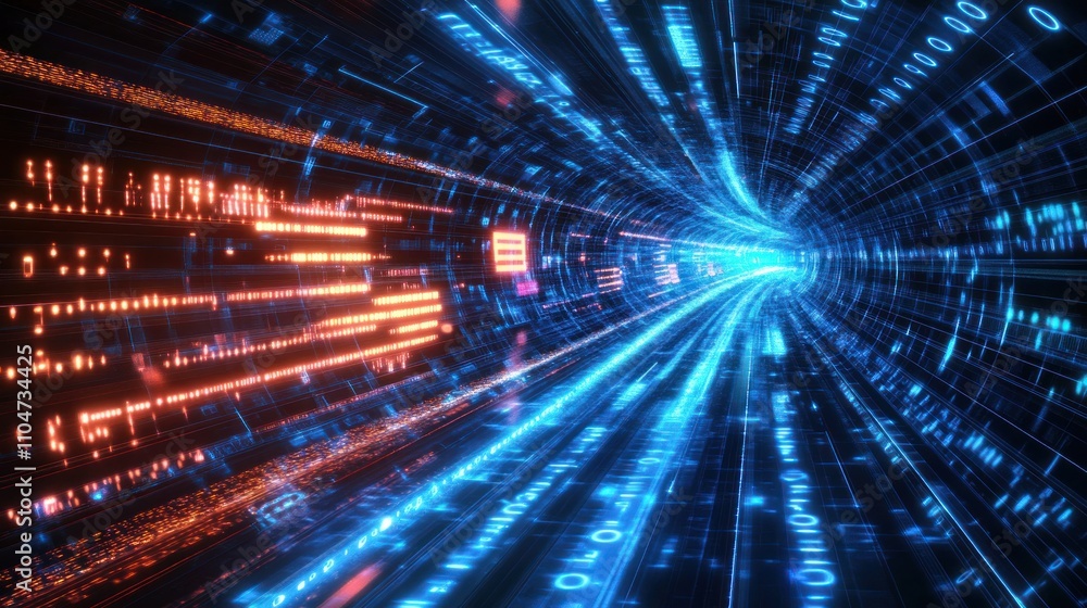 A futuristic tunnel of light and data, symbolizing technology and digital connectivity.
