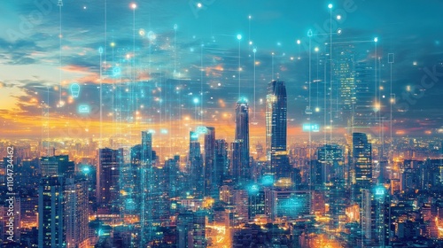 Wallpaper Mural A futuristic city skyline illuminated by digital data and vibrant colors at sunset. Torontodigital.ca