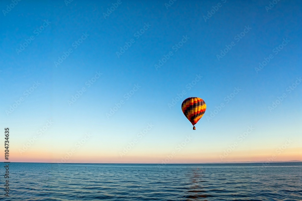 Colorful hot air balloon flying over a calm sea with a clear blue sky. Colorful hot air balloon flying over a calm sea with a clear blue sky.
