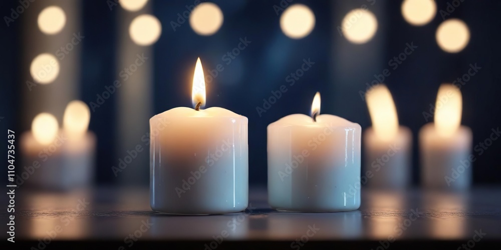 Elegant white candle light shining on blue blurred lights, festive, ritual Elegant white candle light shining on blue blurred lights, festive, ritual