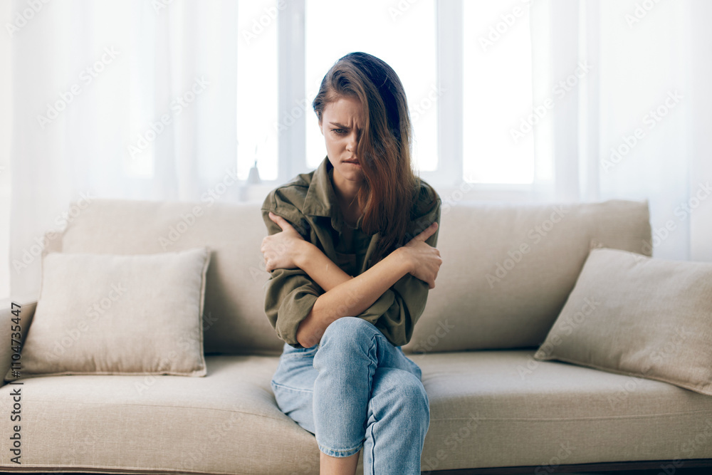 Woman in Stress, Depressed on Couch, Feeling Sad and Worried, Mental Health at Home Woman in Stress, Depressed on Couch, Feeling Sad and Worried, Mental Health at Home