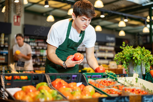 Skilled young seller arranging organic ripe red tomatoes on vegetable counter at local farm store..