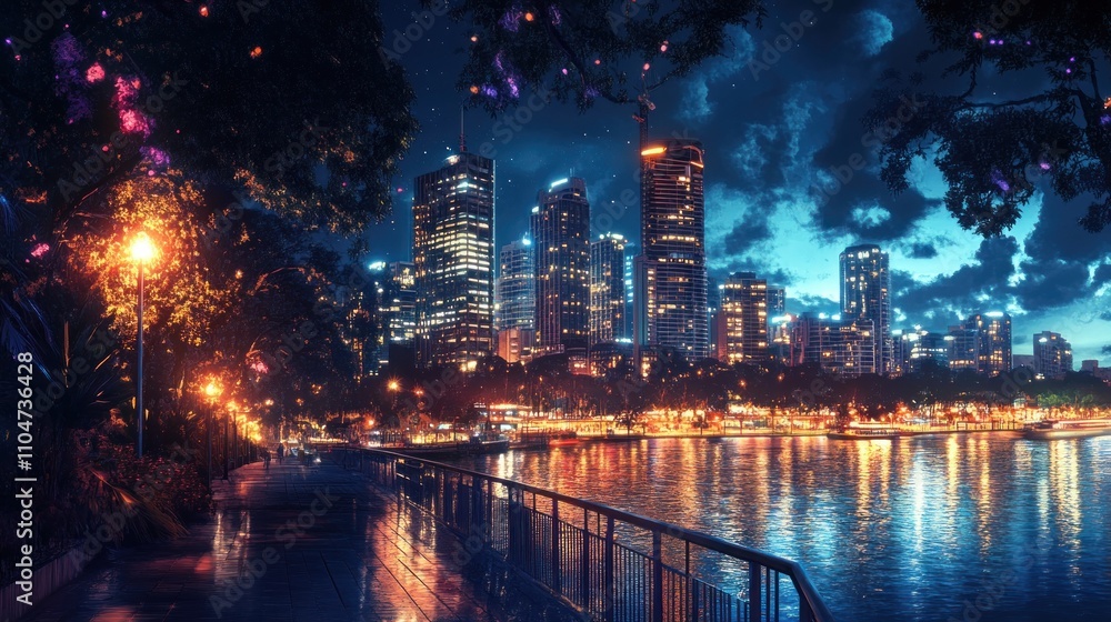 A vibrant cityscape at night, reflecting lights on the water with a serene atmosphere. A vibrant cityscape at night, reflecting lights on the water with a serene atmosphere.