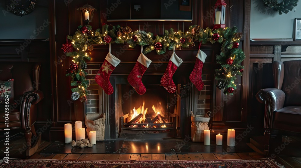 A fireplace with stockings hanging and a glowing fire inside. A fireplace with stockings hanging and a glowing fire inside.