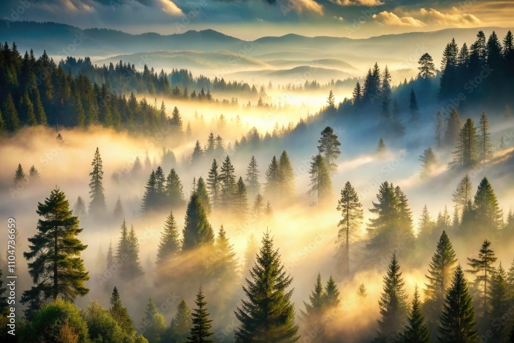 Obraz premium Serene Misty Forest Landscape with Pine Trees and Foggy Mountains for Tranquil Nature Scenes