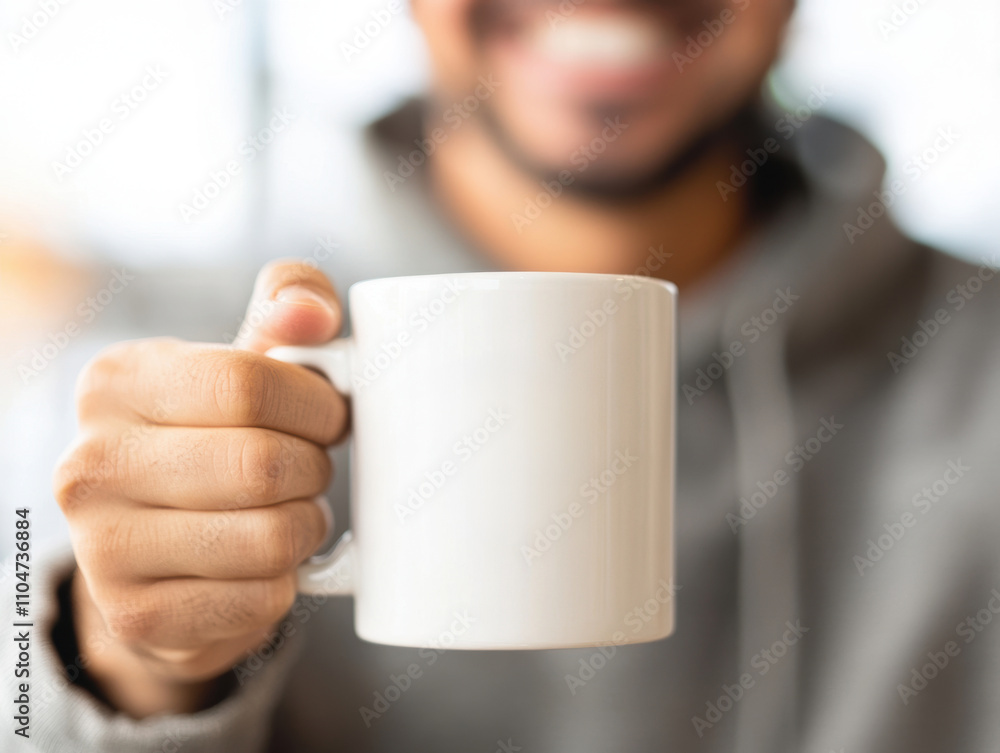 A person smiling while holding a white coffee mug, showcasing warmth and a welcoming gesture. A person smiling while holding a white coffee mug, showcasing warmth and a welcoming gesture.