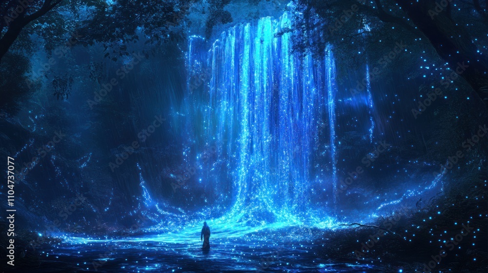 A mystical waterfall illuminated by blue light in a dark forest, creating a serene atmosphere. A mystical waterfall illuminated by blue light in a dark forest, creating a serene atmosphere.