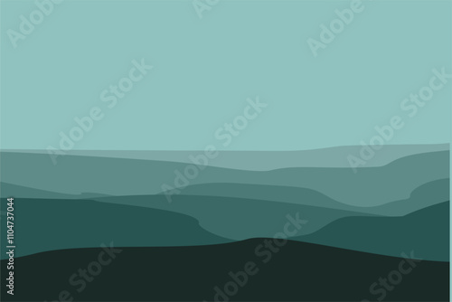 Black and green gradient mountain silhouettes. Panoramic landscape background. Mountains and hills on the horizon. Shades of vector scenic terrain background