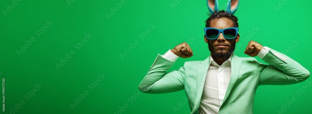 Easter Sale Event with Cool Dancing Bunny on Green Background for Promotion and Marketing Easter Sale Event with Cool Dancing Bunny on Green Background for Promotion and Marketing
