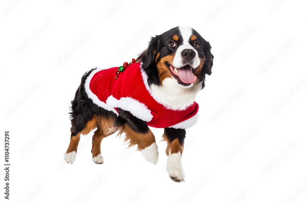 Full body shot of Bernese Mountain Dog, running happily, smiling. Wearing Christmas costume. Full body shot of Bernese Mountain Dog, running happily, smiling. Wearing Christmas costume.