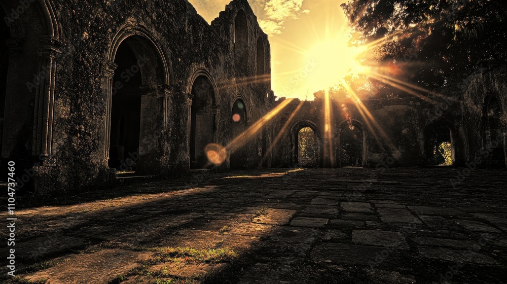 Sunlight beams through ancient ruins, casting dramatic shadows on the stone floor. Sunlight beams through ancient ruins, casting dramatic shadows on the stone floor.