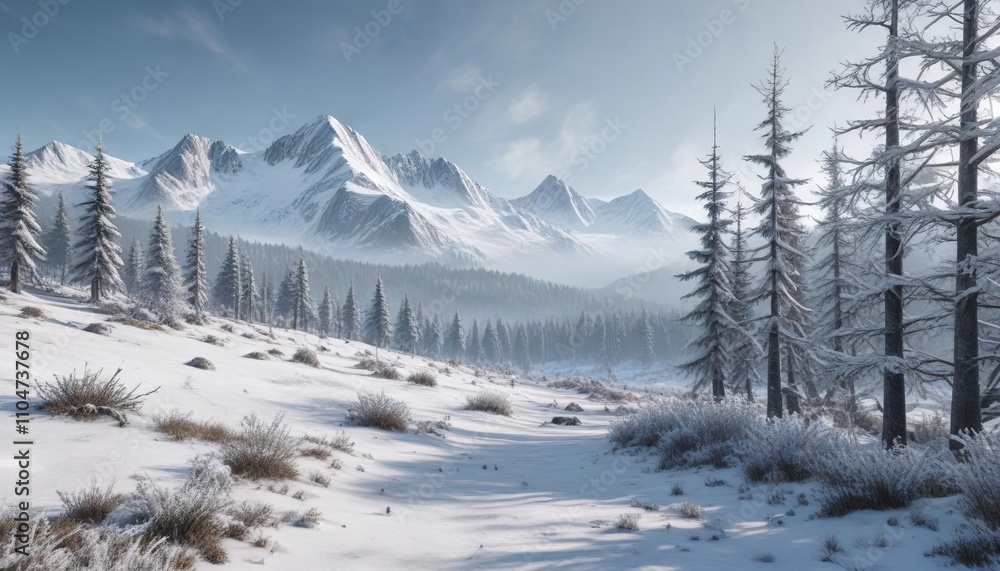 Snowy mountains in the distance behind a frost-covered forest, frost, snow, cold Snowy mountains in the distance behind a frost-covered forest, frost, snow, cold