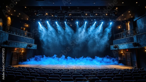 Empty Theater Stage with Blue Lighting and Smoke photo