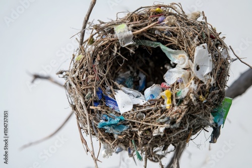 An intricate bird's nest constructed from twigs and urban waste materials, highlighting themes of adaptation and the intersection of nature and urbanization. photo