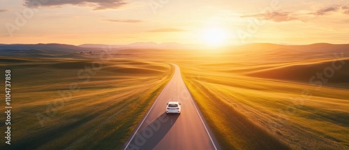 A car driving down a long, empty road surrounded by rolling fields under a golden sunset. photo