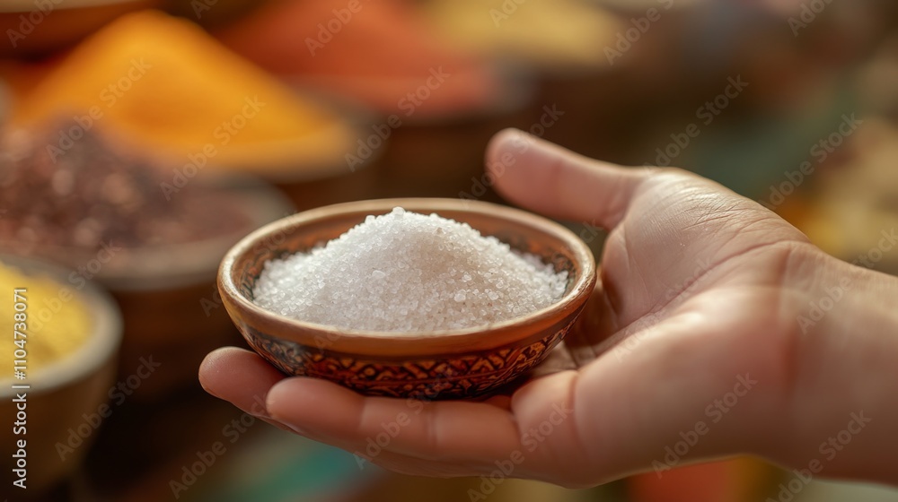 Handholding Bowl of White Salt with Colorful Spices in Background Handholding Bowl of White Salt with Colorful Spices in Background