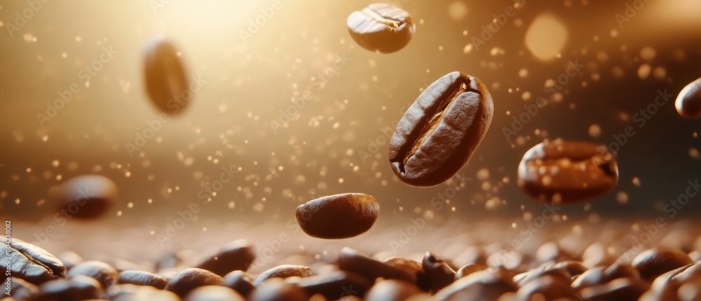 Roasted coffee beans suspended mid-air, highlighted by warm, golden lighting with coffee dust particles. Roasted coffee beans suspended mid-air, highlighted by warm, golden lighting with coffee dust particles.
