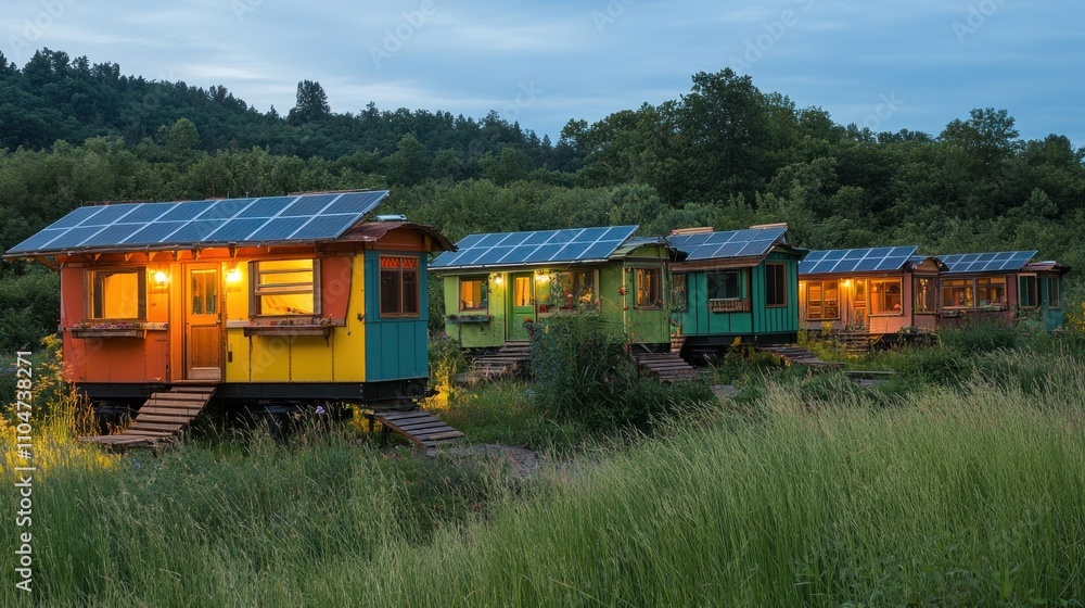 Colorful tiny homes with solar panels in a lush green setting at dusk. Colorful tiny homes with solar panels in a lush green setting at dusk.