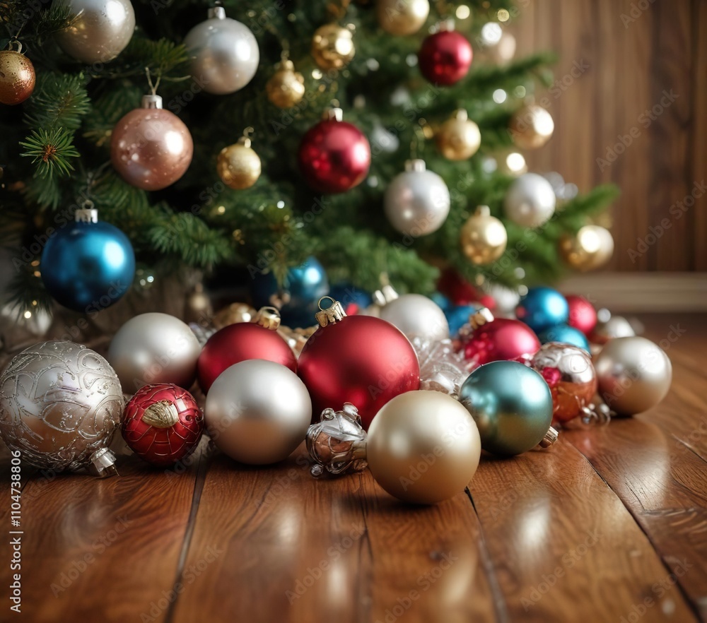 Close-up of shiny ornaments on a Christmas tree with wooden floor background, traditional, festive Close-up of shiny ornaments on a Christmas tree with wooden floor background, traditional, festive