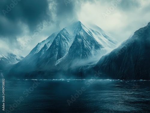 A wide shot of an arctic landscape with melting ice and dark waters