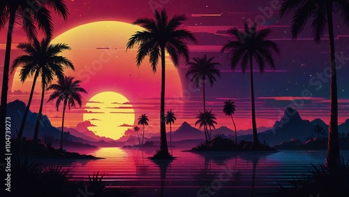 tropical sunset with trees