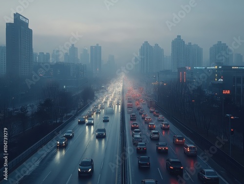 Cars moving through a congested city blanketed in smog