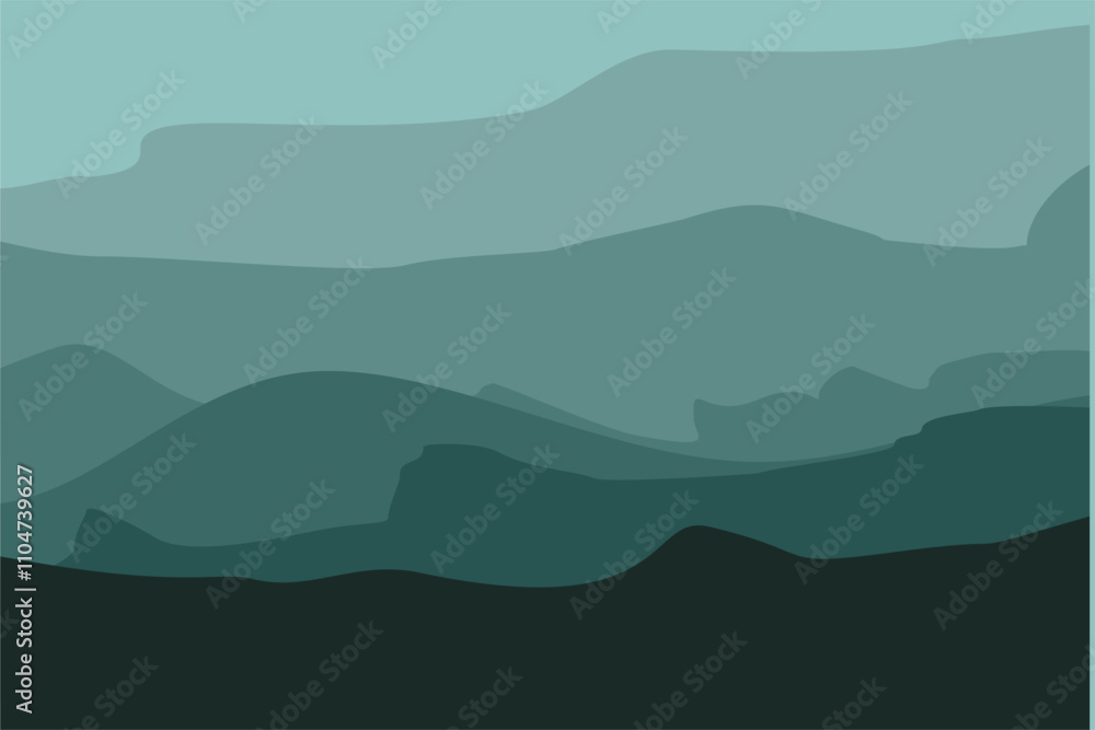 Black and green gradient mountain silhouettes. Panoramic landscape background. Mountains and hills on the horizon. Shades of vector scenic terrain background Black and green gradient mountain silhouettes. Panoramic landscape background. Mountains and hills on the horizon. Shades of vector scenic terrain background